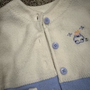 Cream and Blue Button-Up Fleece with Penguin Embroidery